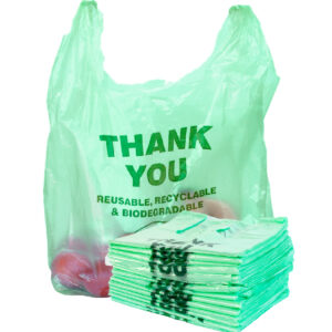 T-Shirt Reusable Shopping Bags **MERCI/THANK YOU Bilingual** S5 12x7x21  Inches Black - Case 100